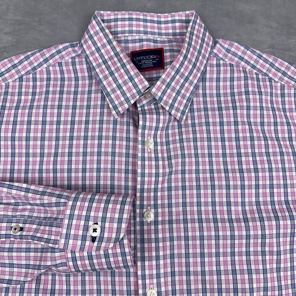 Untuckit Shirt Mens Sz M Dolcetto Wrinkle Free Button Up Pink Blue White Plaid